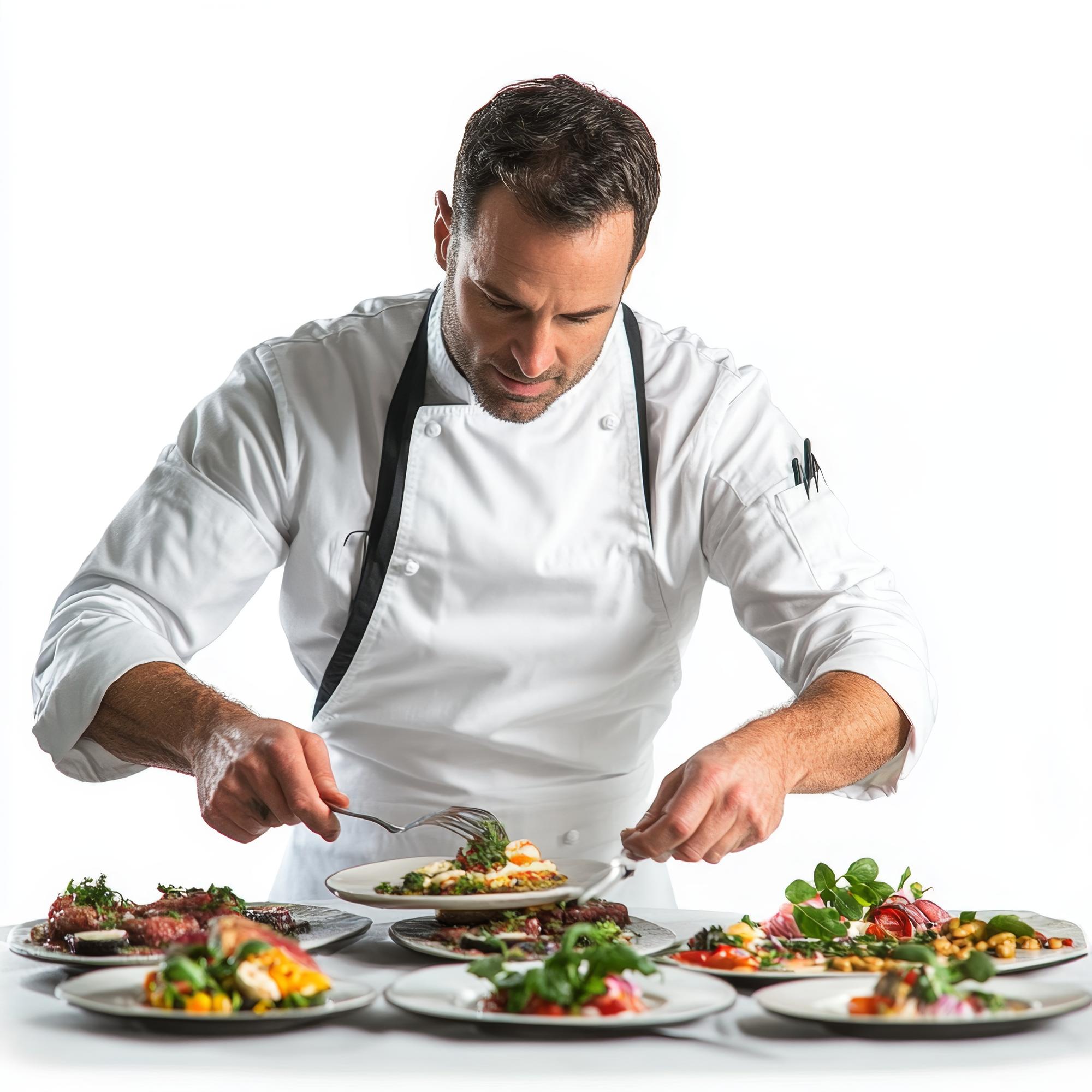 Chef professionista che mostra un piatto gourmet in cucina moderna